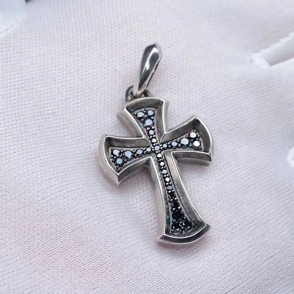 David Yurman Knife-Edge Cross Pendant Sterling Silver with Pave Black Diamonds